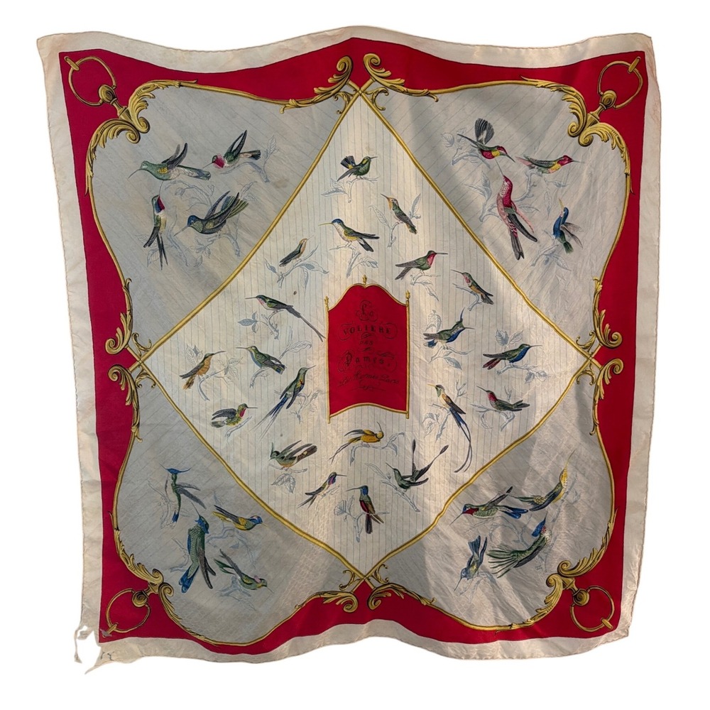 Hermes La Voliere des Dames Silk Scarf Red Cream Hummingbird Bird Print Vintage